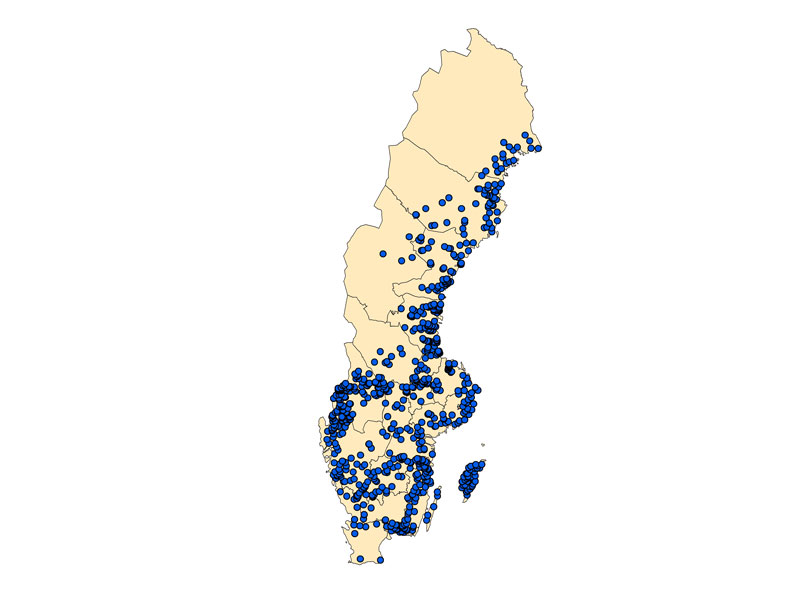 Förekomst av flodkräfta, maj 2020 Kartbild med blå prickar som visar förekomst av flodkräfta i Sverige, maj 2020.